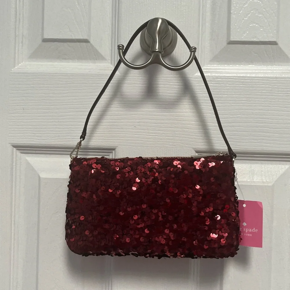 Kate Spade NY Kiki Sequin Fabric Convertible Bag Purse Wristlet Deep Berry New - Picture 8 of 16